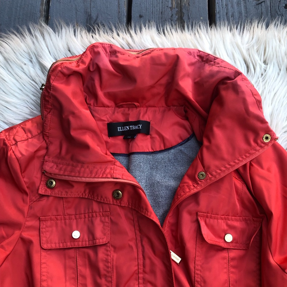 Ellen Tracy Hooded Belted Coral Pink Red Utility Jacket Windbreaker size PM - Picture 4 of 14